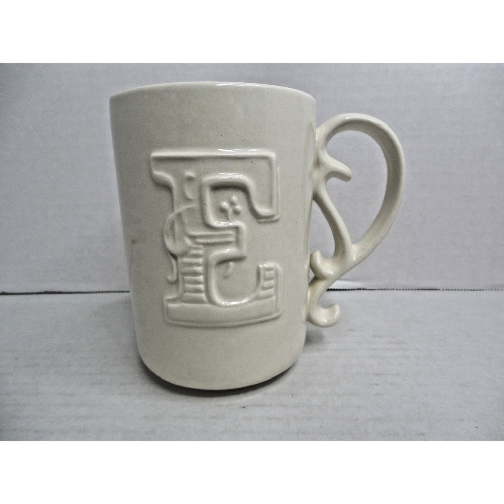 Mud Pie Ornate Raised Letter " E " Monogram Ceramic Cup w/Scroll Handle 16 oz